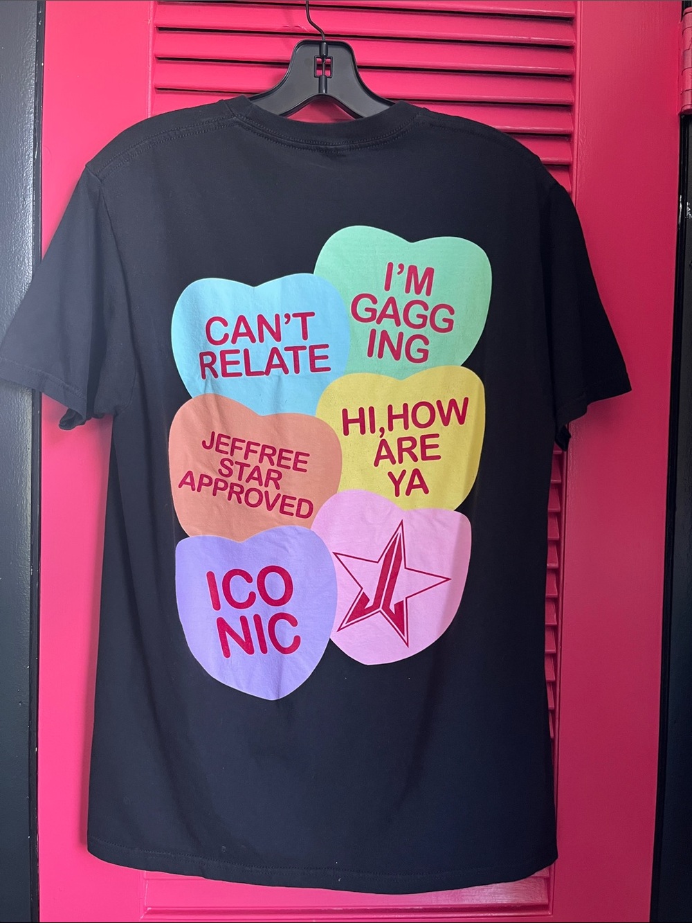 Jeffree Star Black Tee with Pastel Candy Hearts Graphic